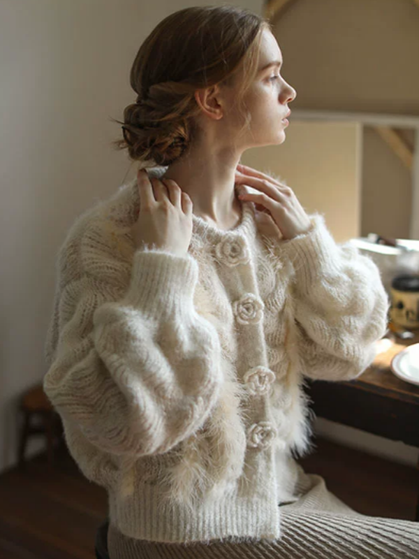 Floral-Buttoned French Cardigan