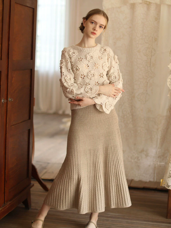 Blossom Charm Beige Wool Sweater