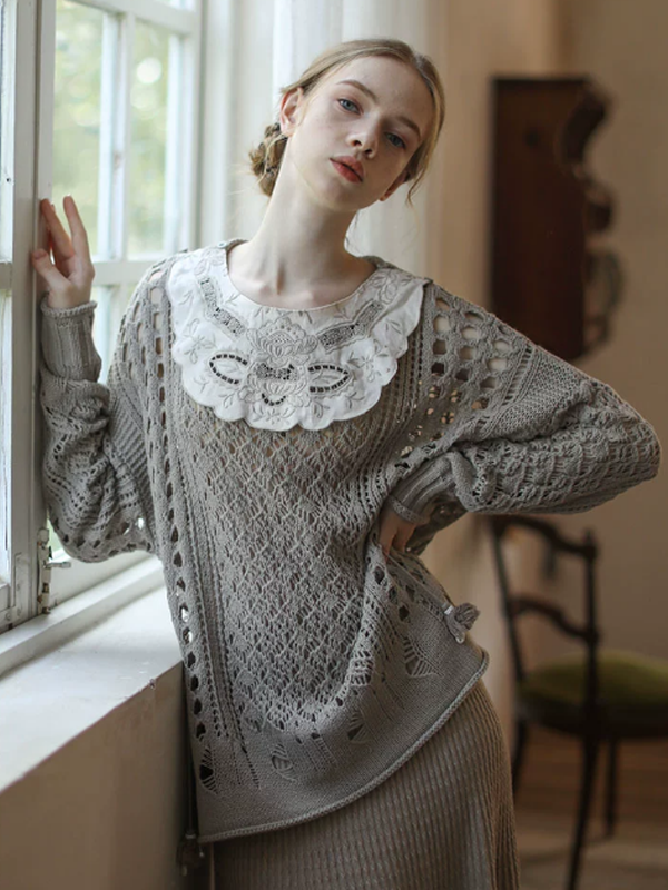 Graceful Lace Collar Brown-Gray Knitwear