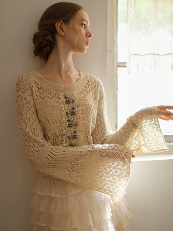 Beige Floral Lace Knit