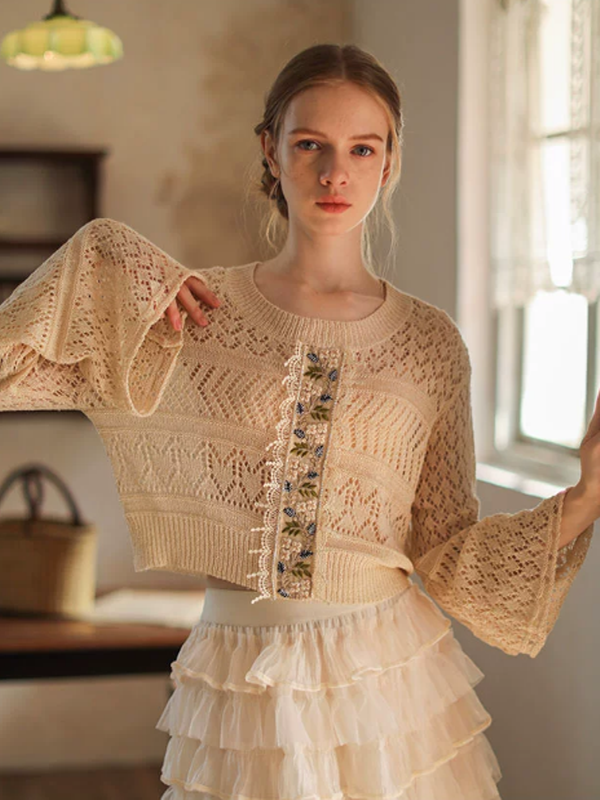 Beige Floral Lace Knit