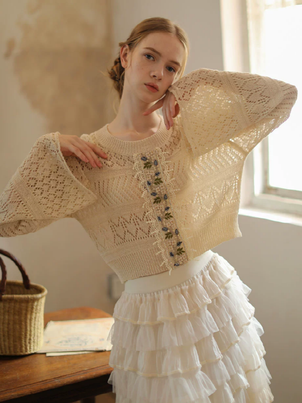 Beige Floral Lace Knit