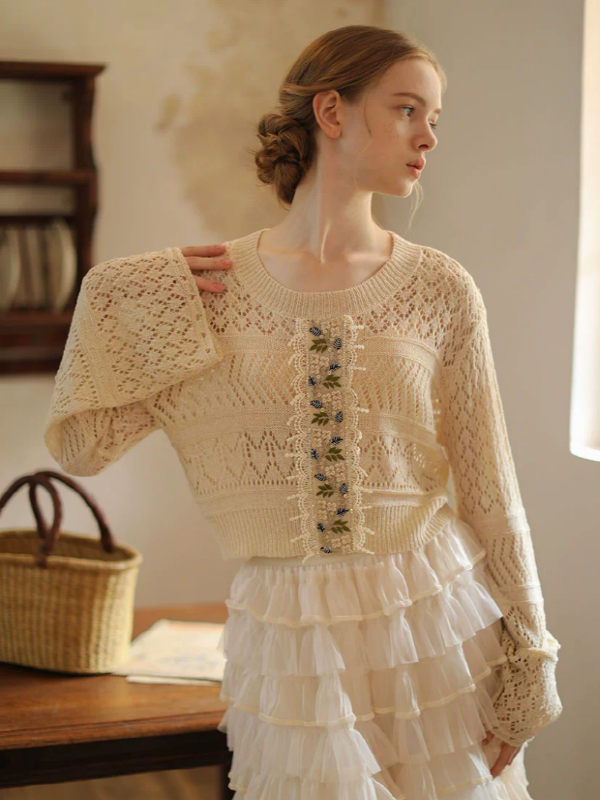 Beige Floral Lace Knit