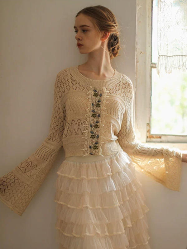 Beige Floral Lace Knit