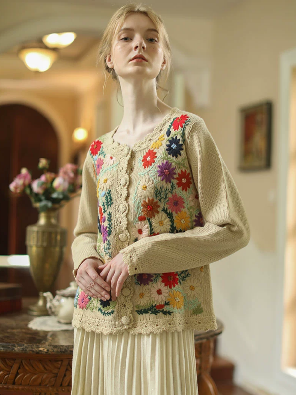 Retro Blossom Embroidery Cardigan