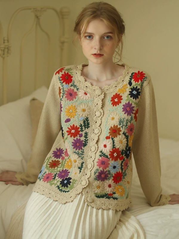 Retro Blossom Embroidery Cardigan