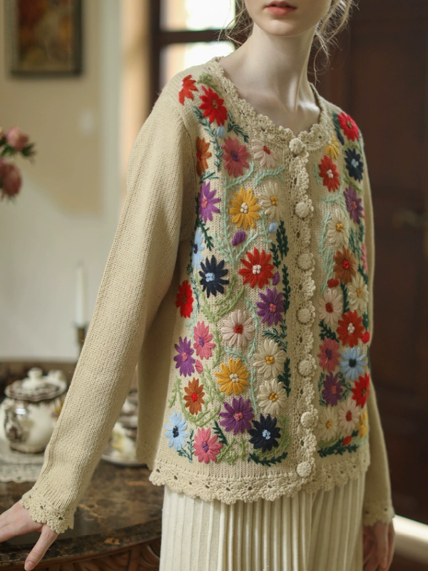 Retro Blossom Embroidery Cardigan