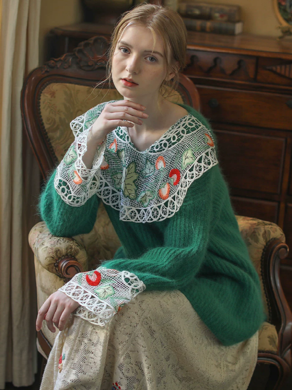 Forest Green Fruit Lace Sweater