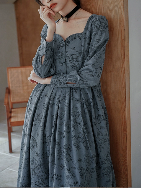 Antique Floral Melody Corduroy Dress