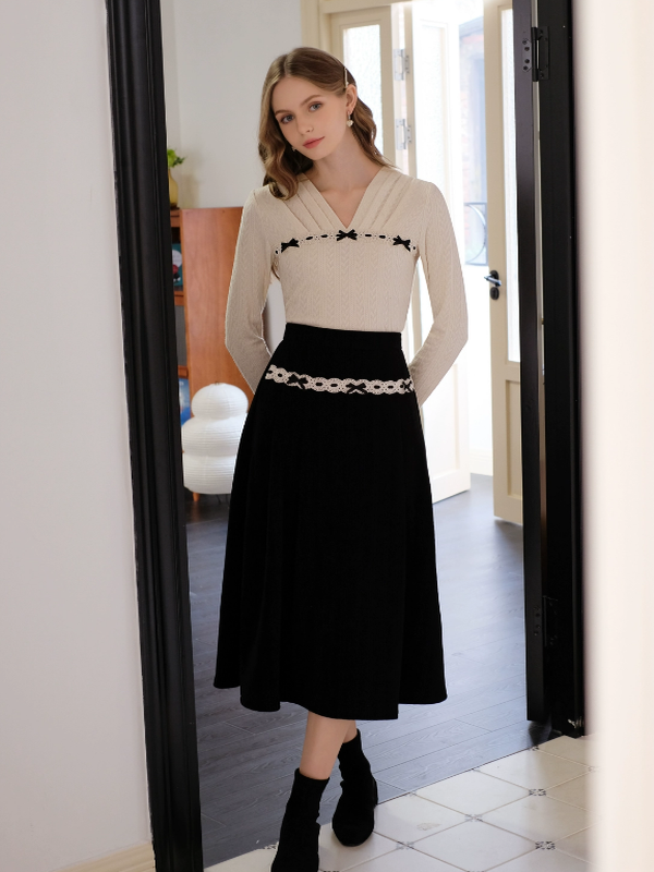 Lace-Embellished French Black Skirt