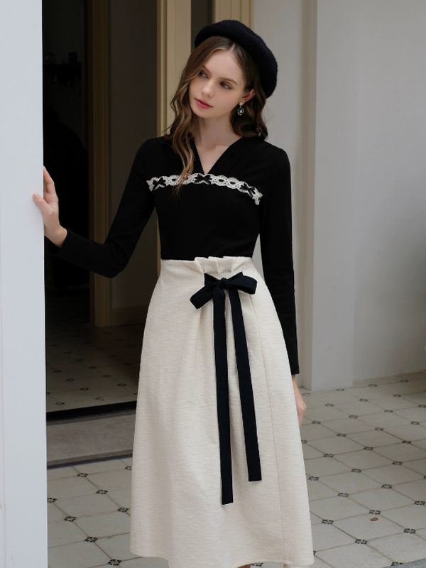 French Bow Tie Ivory Long Skirt