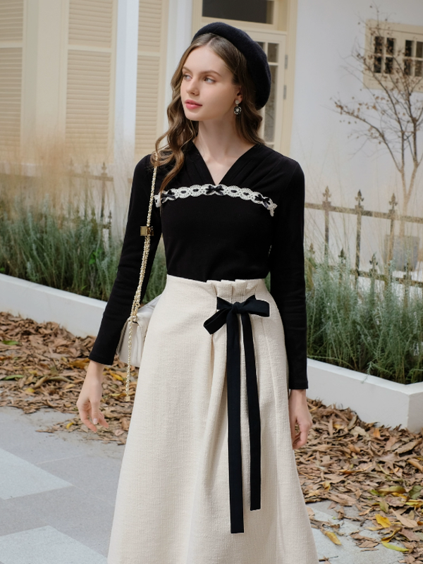 French Bow Tie Ivory Long Skirt