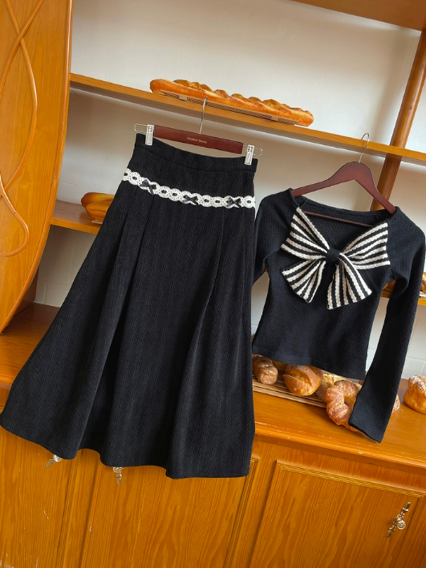 Lace-Embellished French Black Skirt