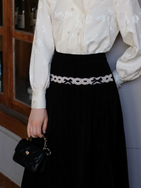 Lace-Embellished French Black Skirt