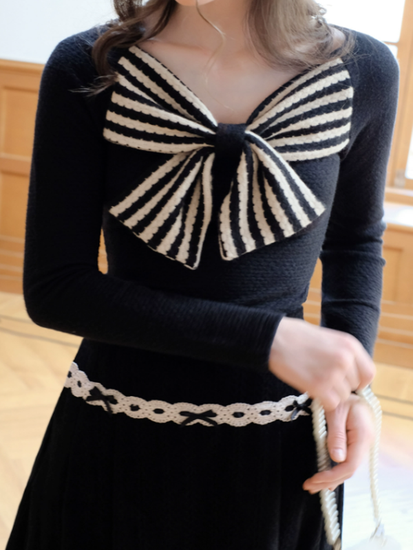 Parisian Ribbon Accent Black Knit