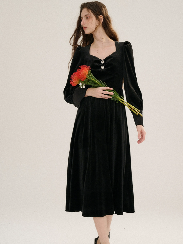 Black Velvet Puff Elegance Dress