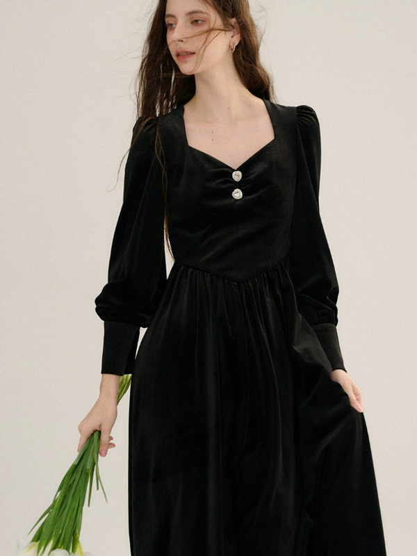 Black Velvet Puff Elegance Dress