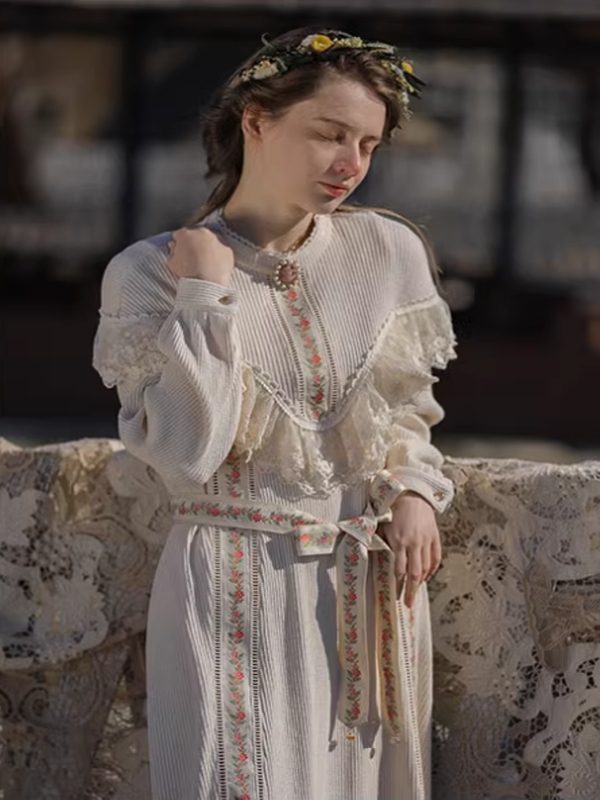 Victorian Elegance Beige Knit Dress