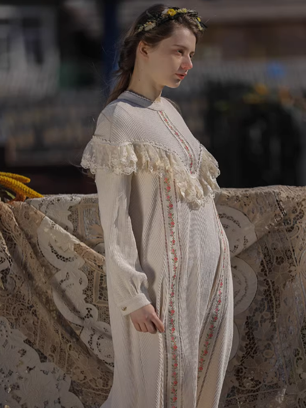 Victorian Elegance Beige Knit Dress