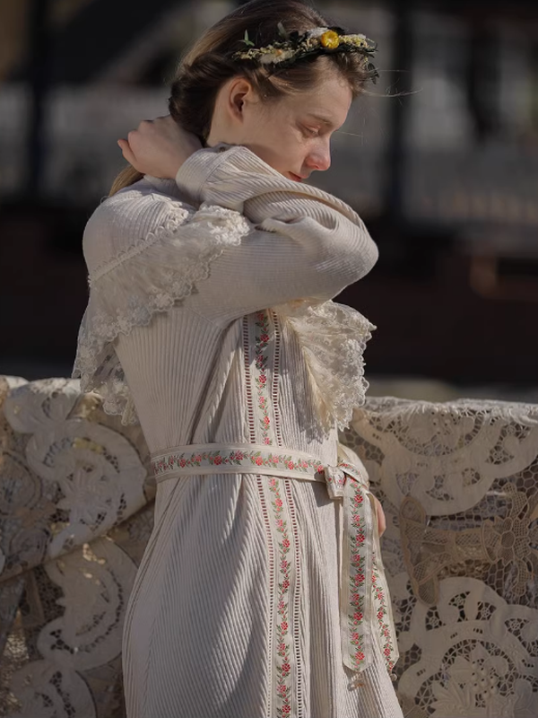 Victorian Elegance Beige Knit Dress