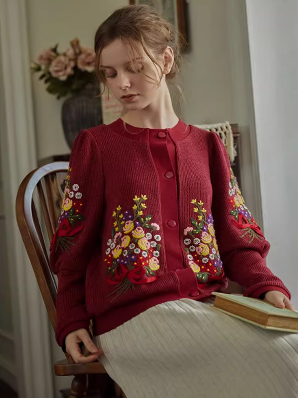 Floral Embroidered Ruby Cardigan