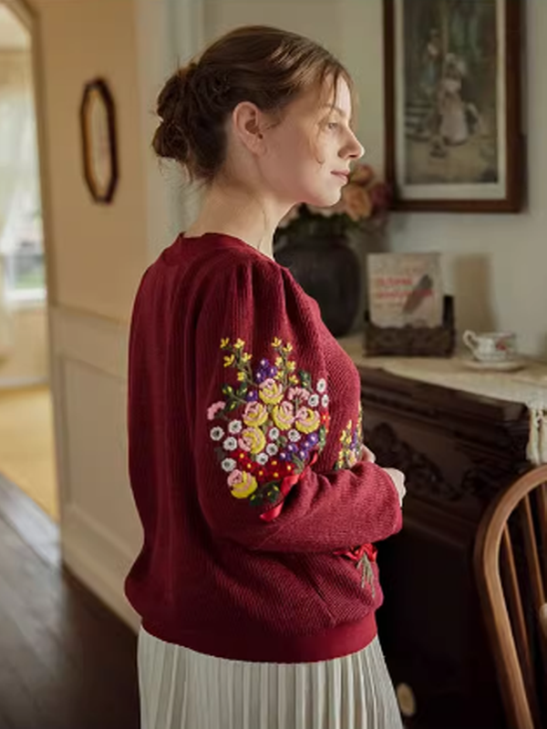 Floral Embroidered Ruby Cardigan