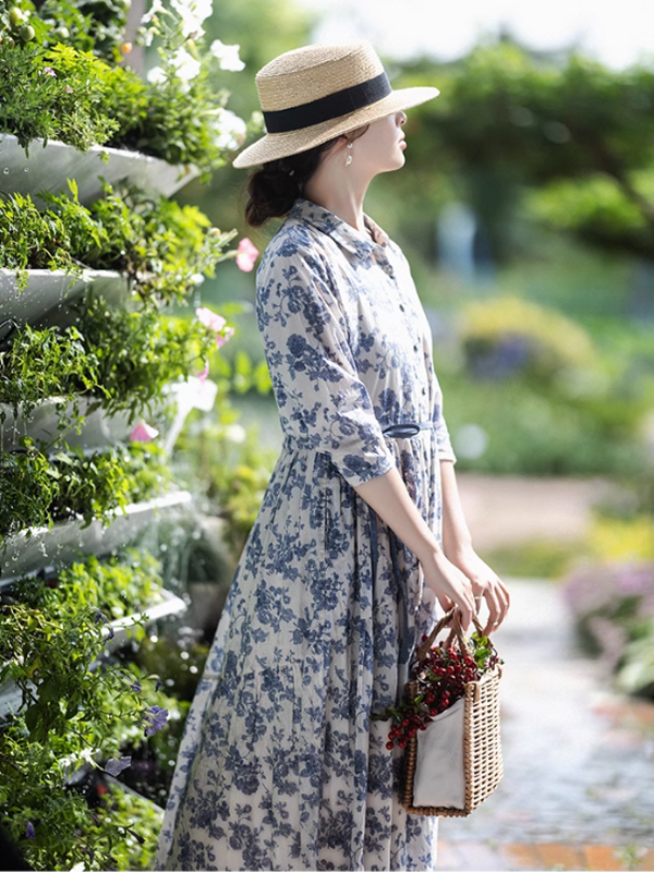 Blue Flower Ribbon Strap Dress