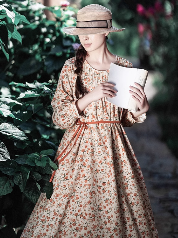 Vintage Blossom Corduroy Dress - Orange Flower / S Vintage Blossom Corduroy Dress - Orange Flower / S