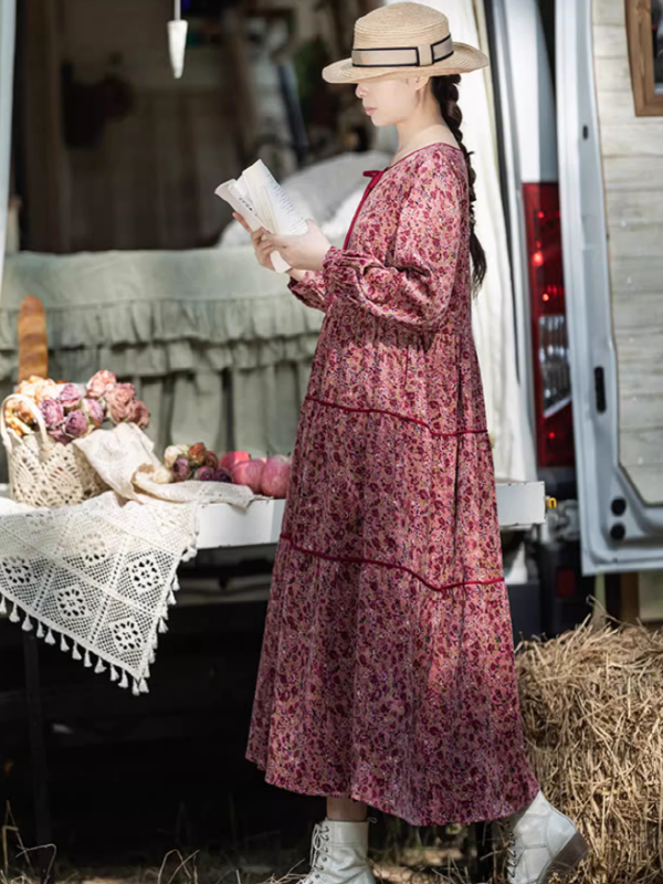 Pink Corduroy Floral Long Dress