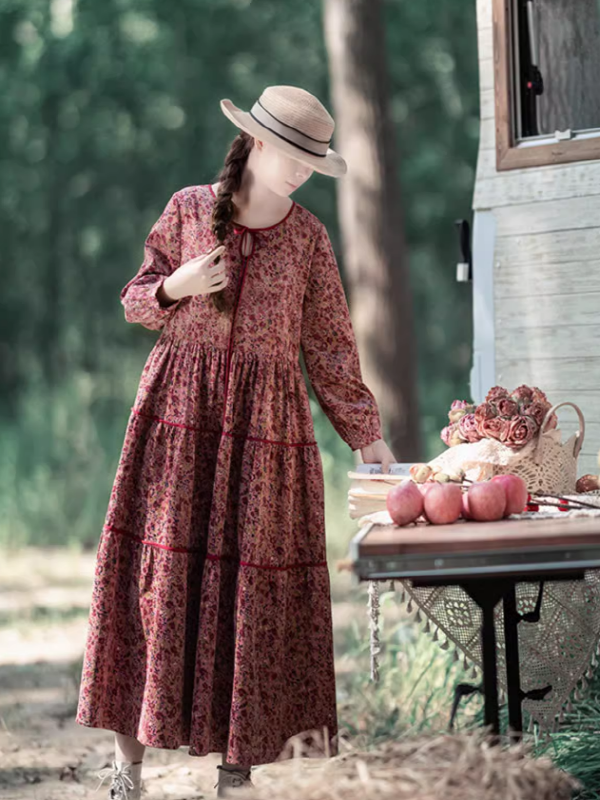 Pink Corduroy Floral Long Dress