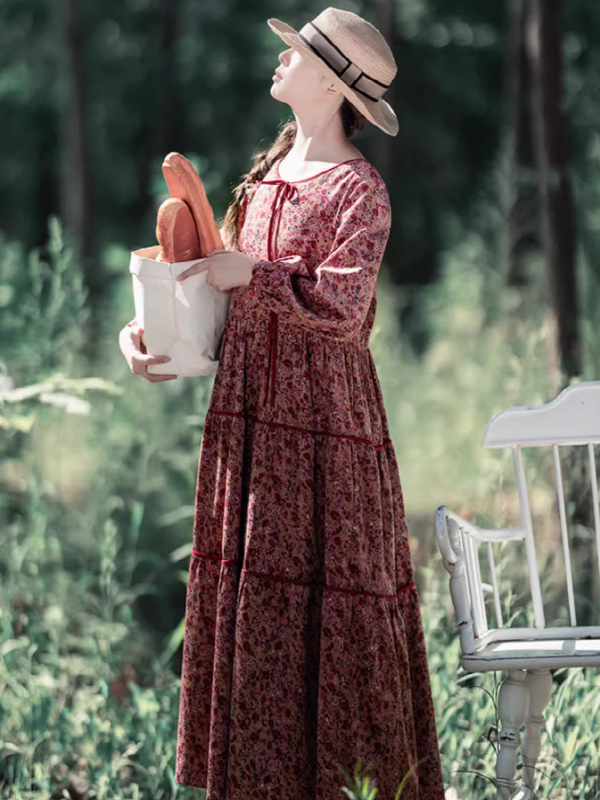 Pink Corduroy Floral Long Dress