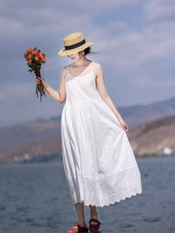 Embroidered White Cotton Slip Dress