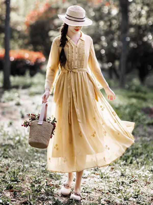 Embroidered Yellow Leaf Dress