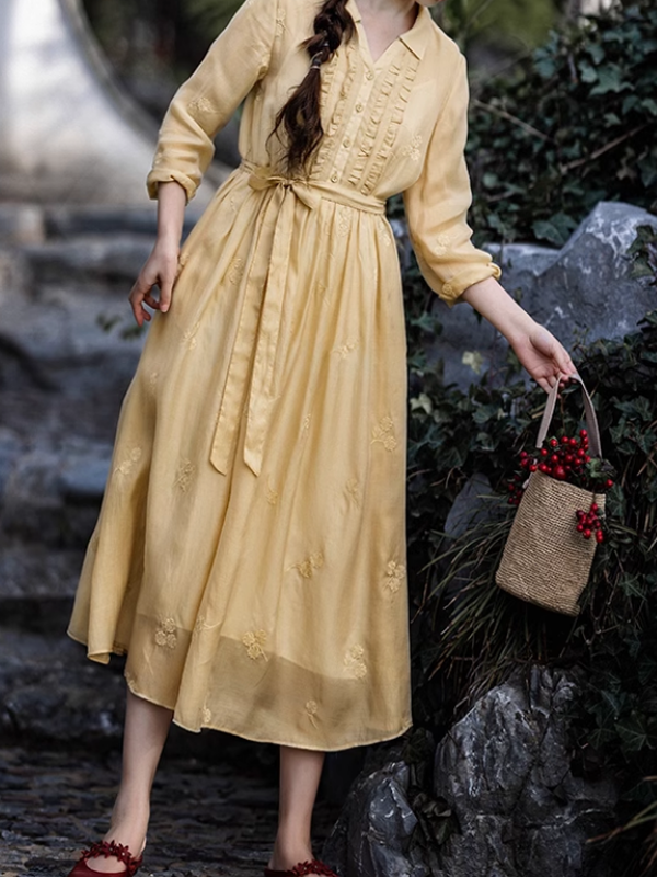 Embroidered Yellow Leaf Dress