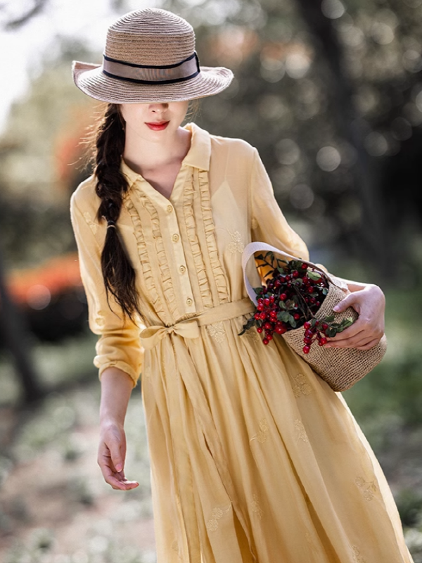 Embroidered Yellow Leaf Dress