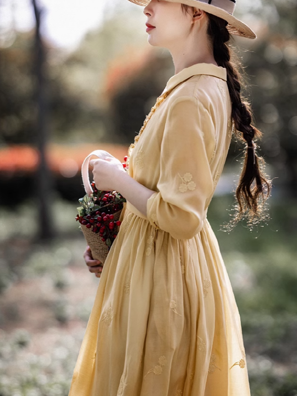 Embroidered Yellow Leaf Dress