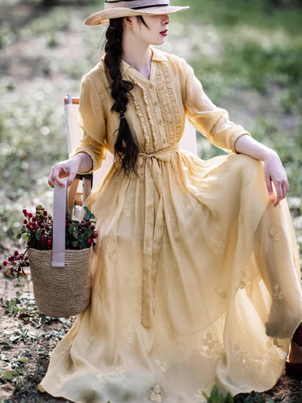 Embroidered Yellow Leaf Dress