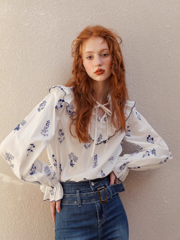 Flower Embroidered White Blouse