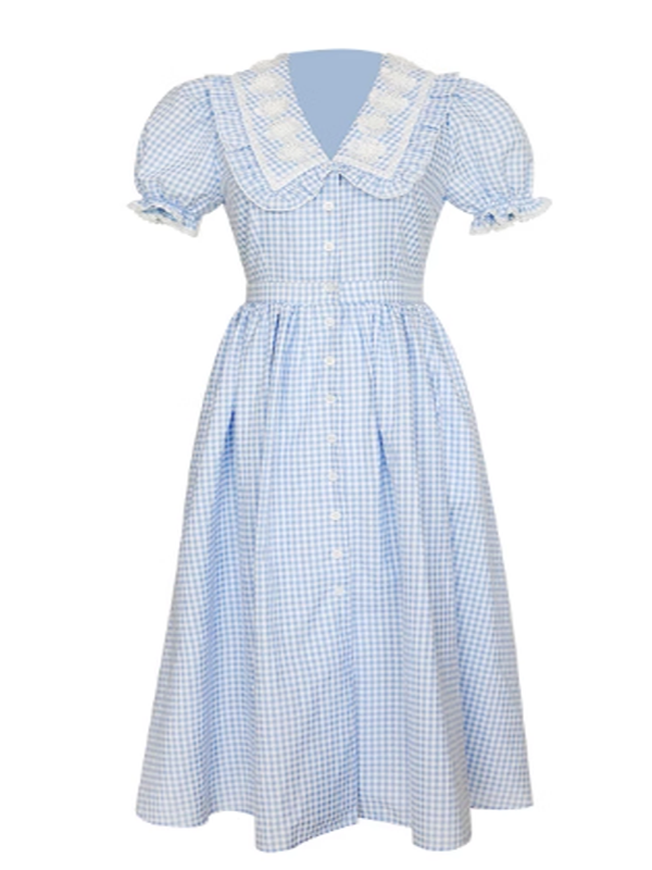 Blue Checkered Flower Collar Dress