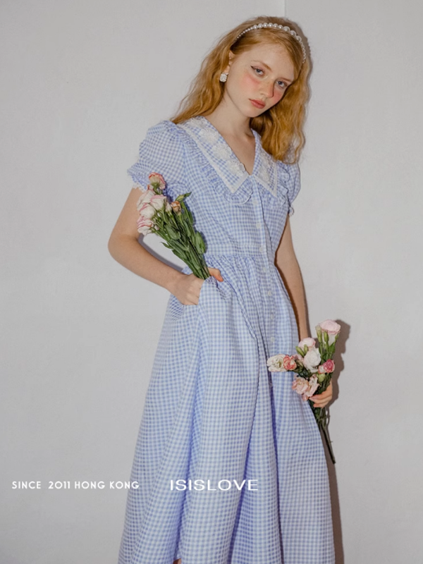 Blue Checkered Flower Collar Dress