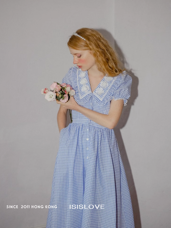 Blue Checkered Flower Collar Dress