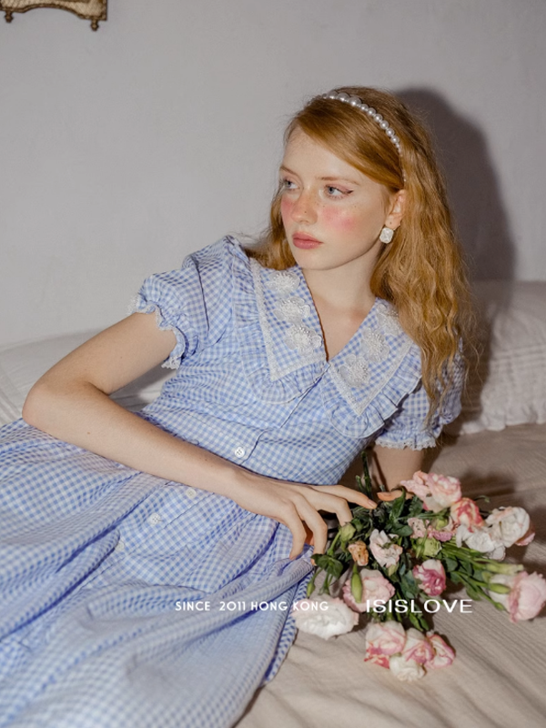 Blue Checkered Flower Collar Dress