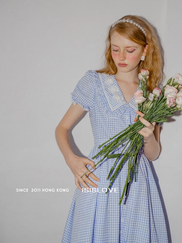 Blue Checkered Flower Collar Dress