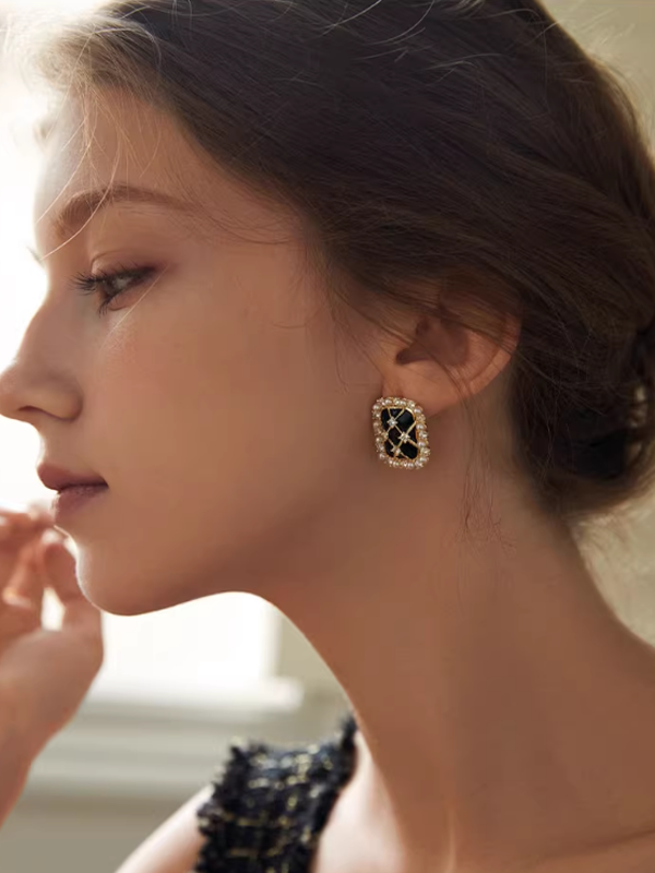 Black Checkered Square Earrings