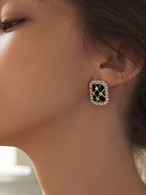 Black Checkered Square Earrings