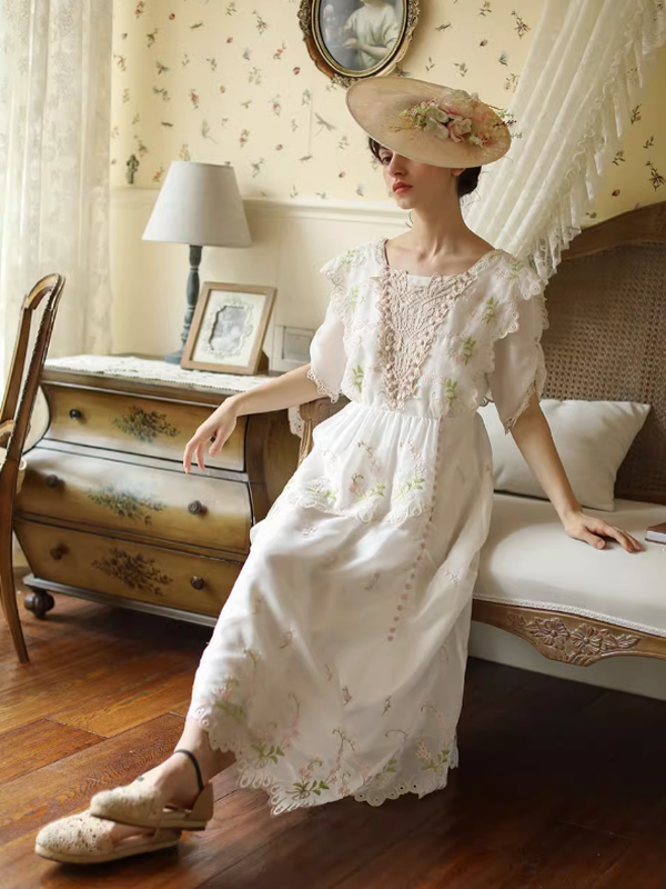 Victorian Floral White Dress