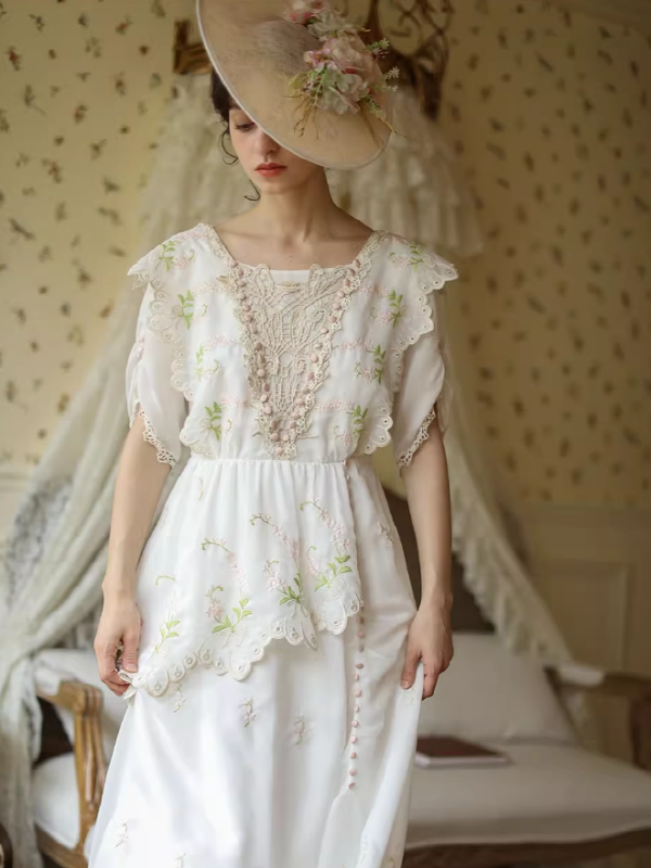 Victorian Floral White Dress