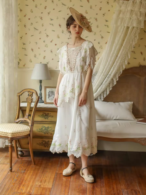 Victorian Floral White Dress