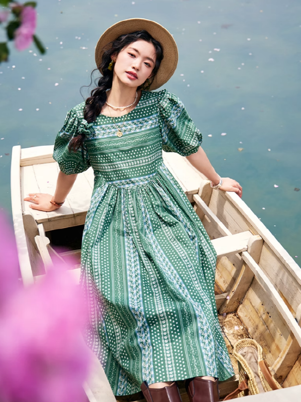 Emerald Floral Puff Sleeve Dress