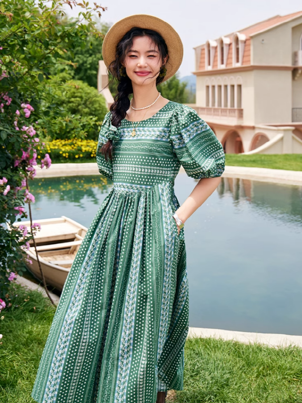 Emerald Floral Puff Sleeve Dress